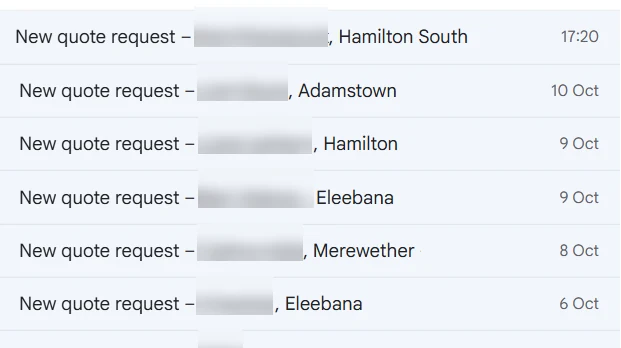 Hughesys Painting: quote requests from his website. Names, emails and phone numbers blurred.